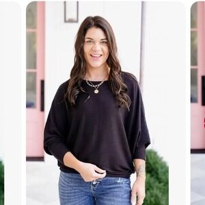 WHOLESALE LOT (6) Plus Size Zenana Black Batwing Ribbed Dolman Sleeve